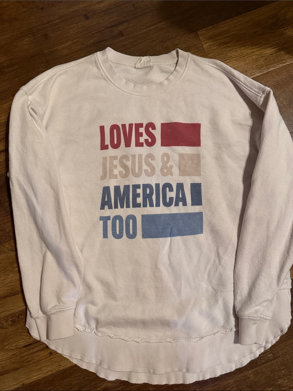 White Crewneck Sweatshirt with Patriotic Block Text Graphic
